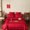 Conjunto de Quatro Peças de Algodão de Fibra Longa Vermelho Estilo Chinês para Casamento, Roupa de Cama para Casamento 100% Algodão