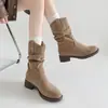 Botas de Cano Curto Aumentadoras de Altura Sazonais First Encounter para Mulheres, Novidade Outono 2026 Maillard Retro Salto Grosso Botas Western Cowboy