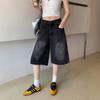 Calça Cropped Jeans Retrô Americana Preta e Cinza para Mulheres, Nova Coleção de Verão Cintura Alta Petite Reta Wide-Leg Calça Capri