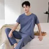 Pijama de Verano para Hombre, Pantalón Corto de Algodón Puro de Manga Corta, Suéter de Cuello Redondo, Delgado, Sencillo, Casual, Se Puede Usar Afuera, Conjunto para Estar en Casa