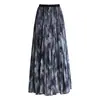 Saia plissada de tule com estampa tie-dye estilo vintage, elegante saia longa de cintura alta que afina, corte em A
