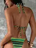 Traje de baño transfronterizo, bikini a rayas de colores, cuello halter, amarre lateral, traje de baño de dos piezas, bikini sexy, secado rápido