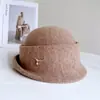Sombrero de Pescador Vintage en Forma de Campana para Mujer, Sombrero de Punto para Otoño e Invierno de Lana Australiana con Ala Enrollada, Parte Superior Cóncava y Elegante Cadena de Perlas
