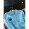 Nuevo Suéter Cardigan Estilo Perezoso Suave Holgado Temperamento Elegante Cardigan Chaqueta Tejido de Cable Cardigan de Cable Solapa Azul