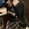 Suéter corto de manga larga estilo occidental para mujer, cárdigan de punto blanco con cuello en V y encaje, novedad de otoño e invierno de 2024.