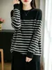 Suéter clásico de lana pura para mujer, con rayas negras y blancas y cuello redondo, un top de punto básico simple y versátil para el uso diario