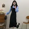Nuevo Vestido de Patchwork Estilo Universitario con Cuello Polo, Bloques de Color y Mangas Abullonadas para Mujer, Primavera y Otoño, Diseño de Dos Piezas, Vestido Largo Línea A que Disimula el Vientre