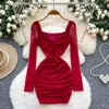Vestido de Malla Femenino Sexy con Cuello en V Retorcido y Mangas Largas 2025 Otoño Falda de Chica Caliente con Cintura Plisada que Cubre la Cadera