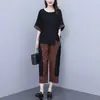 Conjunto Casual Estilo Coreano Plus Size para Meninas Cheinhas Verão 2026 Conjunto de Duas Peças com Blusa Casual Soltinha de Manga Média e Calça Cropped