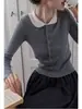 Suéter curto de gola polo em tricô canelado slim fit para mulheres, cardigã de outono, ombro normal, top elegante e afina a silhueta de manga longa