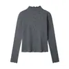 Top de Punto Suave Estilo Coreano con Lunares y Cuello Medio Alto para Mujer Primavera Otoño Volante Delgado Manga Larga Camiseta Base para Superponer