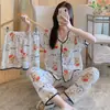 Tiktok live popular ao ar livre peça única verão manga curta pijama três peças estilo coreano doce fofo cardigã vestuário doméstico feminino