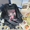 Camiseta de Algodón Lavado Estilo Hip-Hop Europeo y Americano Marca de Moda Vintage Manga Corta para Mujer, Talla Grande Holgada Oversize Estampada