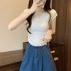 Encaje Empalmado Manga Corta Tejido para Mujer Nuevo Verano Plisado Diseño Slim Nicho Interior Fondo Top Exterior