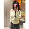 Suéter de Punto Francés Asimétrico de Manga Larga para Mujer Otoño Botones en la Cintura Ceñido Adelgazante Holgado Tacto de Alta Gama Top de un Hombro