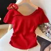 Camiseta Corta de Encaje con Hombros Descubiertos de Manga Corta para Mujer, Estilo Francés, Puro Deseo, Nueva de Verano, Ajustada a la Cintura, Dulce y Picante, Top Corto de Moda