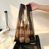 Bolsa tote de organza en stock, bolsa de compras de malla transparente para cosméticos, bolsa de almacenamiento de regalo de belleza, logotipo personalizado disponible