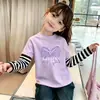 Top de Algodón Puro Base Suelto Nuevo para Primavera y Otoño Infantil Zhongda Camiseta Moderna para Niñas Camiseta Versátil Elegante de Manga Larga Falsa de Dos Piezas
