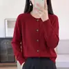 Cárdigan de punto abotonado de algodón puro para mujer, nuevo estilo otoño e invierno, cuello redondo, tejido de siete puntos engrosado de color liso, chaqueta de canalé versátil