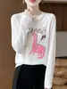 2025 Outono Inicial Nova Malha Worsted Gola Redonda Manga Longa Feminina Estampa Animal Pulôver Solto Camisa Base Top