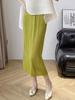 Saia Plissada Estilo Miyake Verão 2024 Saia Plissada Verde para Mulheres com Fenda, Saia Petite de Cintura Alta com Barra Larga