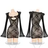 Yimengyao Lencería Sexy Cuello en U Profundo Revelador del Pecho, Vestido de Malla con Manga Acampanada, Sexy Transparente Provocador Ropa de Dormir Sin Quitarse Tentación