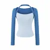 Suave camiseta rosa melocotón de cuello halter y manga larga para mujer, nuevo top coreano chic ajustado para otoño 2026, atuendo dulce