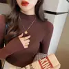 Suéter de Punto para Mujer Estilo Nuevo Otoño e Invierno Cuello Medio Alto Versátil Elegante Ajuste Delgado Jersey Prenda Base de Punto Tendencia Negro