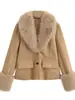 Chaqueta de Invierno Nueva para Mujer, Suede, Cintura Ajustable, Solapa Grande, Traje, Cuello de Piel Desmontable, Personalizada, Transfronteriza Europea y Americana