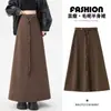 Toma real~ Falda de lana para mujer para otoño e invierno, diseño de línea A de cintura alta, adelgazante, elegante, con efecto de caída, falda larga con dobladillo amplio
