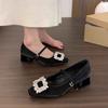 Zapatos plateados de boca baja para ir al trabajo French Evening Breeze para mujer, primavera y otoño 2025, nuevos zapatos Mary Jane de tacón grueso con pedrería