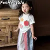 [Casa Rosa] Conjunto para Niñas Nuevo Elegante Estampado de Dibujos Animados Manga Corta Color Bebé Pantalones Anchos