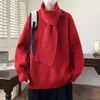 Suéter de tricô com cachecol removível para homens e mulheres, toque de alta qualidade, botões, modelagem solta, estilo preguiçoso, jaqueta casual nova para outono e inverno