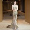 Vestido de Noite de Lantejoulas de Luxo Dourado Indústria Pesada Luxo Leve Alça Única Sereia Noiva Banquete de Noivado Cauda de Peixe Vestido para Brinde