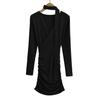 3280-24 Primavera Novo Estilo Europeu e Americano Pure Desire V-neck Lenço Manga Longa Plissado Slim Fit Figura vestido