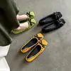 Sapatos Mary Jane Amarelos de Couro Macio, Salto Baixo Quadrado, para Mulheres, com Aumento Oculto de Altura, Sola Reta, Laço, Estilo Slip-On