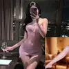 Elegante Sexy Halter Escotado Adelgazante Camisón Morado Encaje Nebuloso Body Ajustado Ropa Cómoda para el Hogar