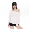 Top de Hombro Caído Perezoso Inclinado 2025 para Mujer en Otoño Diseño de Nicho Elegante Simple Camiseta de Manga Larga de un Hombro