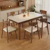 Mesa de comedor rectangular minimalista moderna nórdica de pizarra, madera maciza, color crema, apta para apartamentos pequeños, con sillas