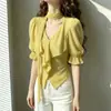 Blusa Amarilla de Gasa de Manga Corta para Mujer de Verano, Nuevo Estilo Francés, de Alta Gama, Muy Bonita, Top Fruncido que Ceñe la Cintura