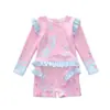 Traje de baño para niñas, traje de baño de una pieza de princesa con mangas largas, dobladillo con volantes, adecuado para niños pequeños y mayores, alta elasticidad