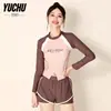 Traje de baño de dos piezas para mujer 2026, con bloques de color y manga larga, estilo shorts casual adelgazante, para playa, juegos acuáticos, resort de aguas termales