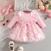 Vestido Romper de Tela de Punto Nueva para Bebé Niña Otoño Invierno con Parches de Malla de Mariposa de Tejido de Punto Color Sólido Manga Larga con Fruncidos de Encaje