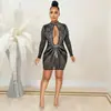 X5565 Aliexpress Amazon Moda Producto Nuevo Discoteca Malla de Pedrería Transparente Manga Larga Hueco Vestido Midi
