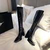 Estilo Influenciadora Kendall Jenner Couro Envernizado Bico Quadrado Cano Alto Simples Botas Longas 2024 Novo Salto Grosso Alto Emagrecedor com Aumento de Altura Botas de Montaria de Salto Alto