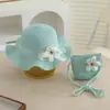 Chapéu de Proteção Solar Infantil Verão Meninas Chapéu de Palha com Sombra Conjunto de Bolsa Chapéu de Praia Princesa Florido da Moda para Bebê Menina
