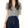 Estilo Verano Transfronterizo Nuevo Cuello Cuadrado Delgado Rayado Punto Camiseta Corta Top de Manga Corta Camiseta Básica para Mujer Ins Trbottom
