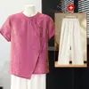 Elegante e luxuoso conjunto de manga curta para mães, blusa cheongsam aprimorada inspirada em vintage, conjunto elegante para mães de meia-idade