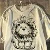 Camiseta de seda de leite com estampa de leão estilo americano, manga curta, para homens e mulheres, moda de rua de verão, top largo e solto