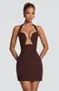 Vestido mini justo estilo europeu e americano, decote profundo em U em formato de coração com alças nas costas, espartilho com barbatanas, ajuste slim, vestido de festa, gola halter, com recortes, bodycon